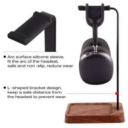 PHERKORM Walnut Wood & Aluminum Headset Holder, Desktop Headphone Stand, Universal headphone holder for most music gaming headsets - Black Walnut