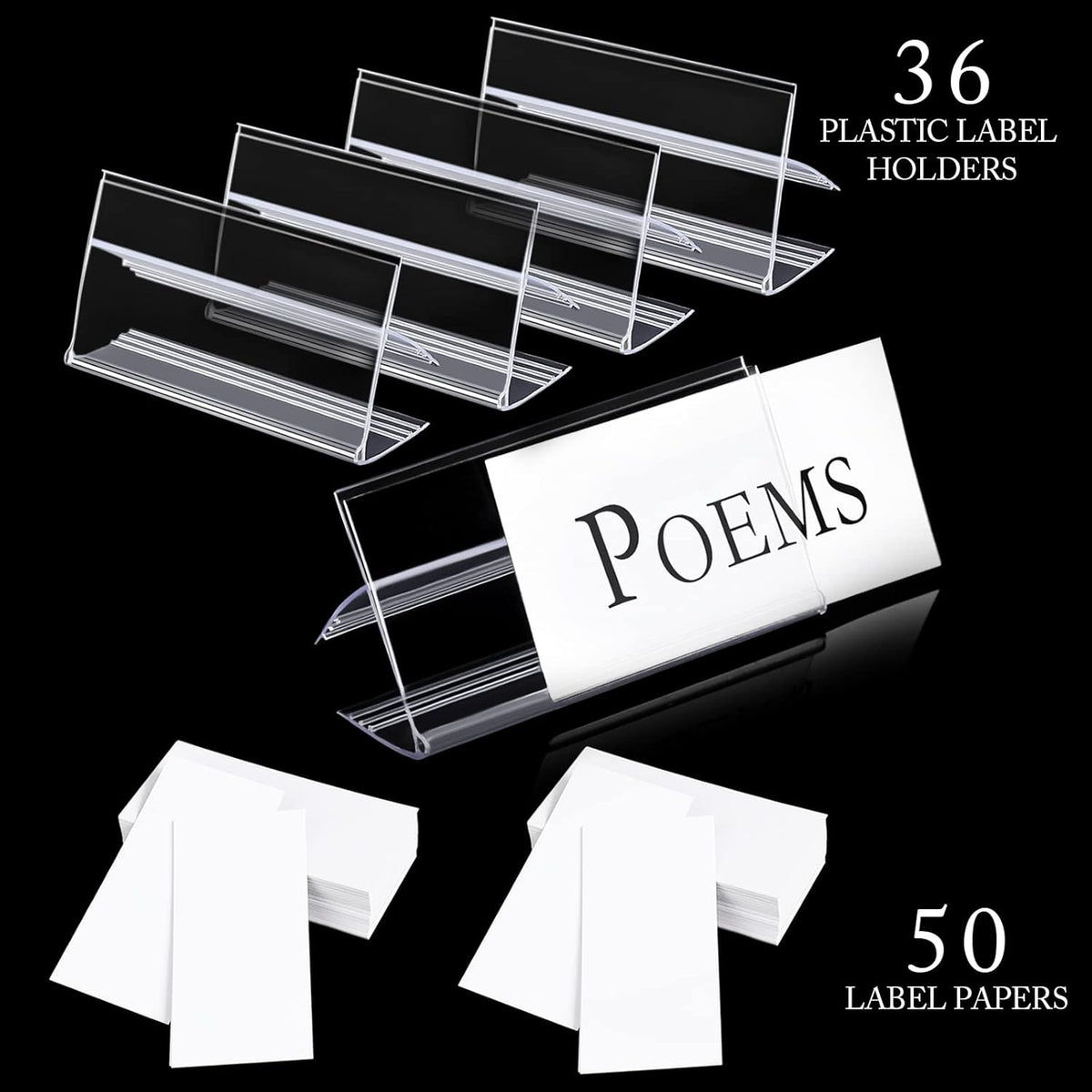 36pcs Wood Shelf Label Holder Plastic Price Tag Holder Supermarket Retail Sign PVC Clear Shelf Label Holder (Includes 50 Pieces Label Inserts) Perfect Fits 25 mm Wooden Shelving.