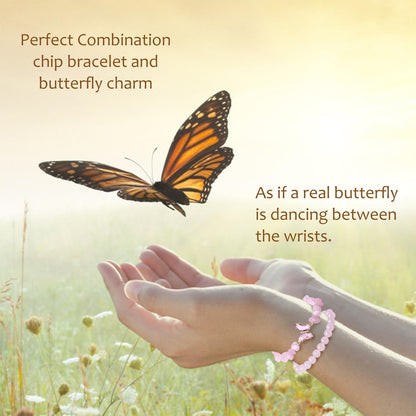 DUQGUHO 2Pcs Rose Quartz Butterfly Bracelets for Women, Pink, Cute Butterfly Charm, Healing Crystals, Crystal Gifts