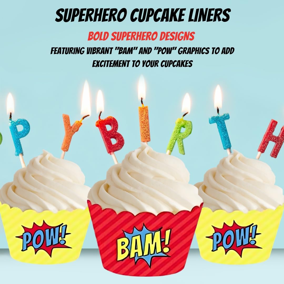 Andaz Press Birthday Cupcake Wrappers, Superhero Pow Bam, 20-Pack, Decor Decorations Wraps Cupcake Muffin Paper Holders Superhero Cupcake Wrappers