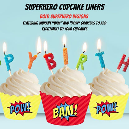 Andaz Press Birthday Cupcake Wrappers, Superhero Pow Bam, 20-Pack, Decor Decorations Wraps Cupcake Muffin Paper Holders Superhero Cupcake Wrappers