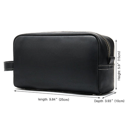 Full Grain Genuine Leather Zipped Travel Toiletry Bag for Women Men Ladies Clutch Purse Wallet Shaving Bag Cosmetic Bag Dopp Kit Wristlet Organizer Holder Wrist Bag Pack Business Handbag Black