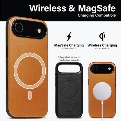 KORDIZ Impact Leather Case for iPhone 17 Air – Full-Grain Leather MagSafe Case with Camera Control Button – 360° Shockproof Bumper – Rugged Patina-Ready Protection – Slim Grip Cover (English Tan)