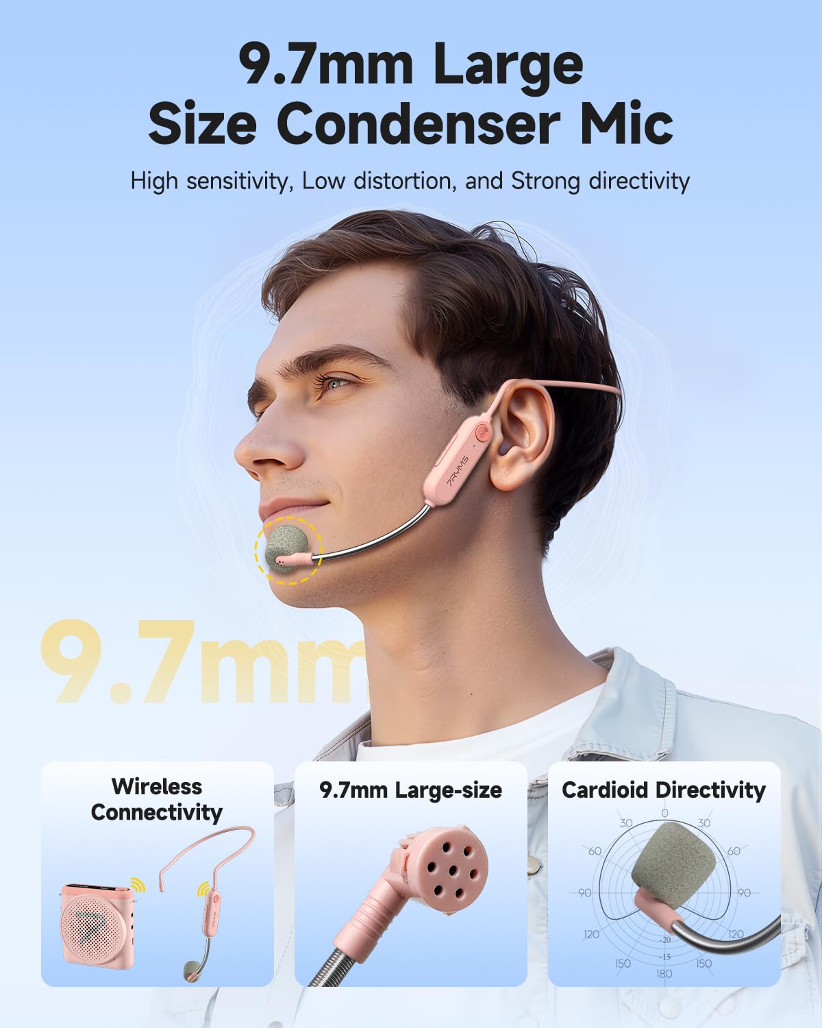 7RYMS WA1 Wireless Voice Amplifier with Headset Microphone for Teachers, Personal Power Amplifier with Noise Canceling, 164ft Range, 23H Working, Microphone Speaker for Teaching, Speech, Yoga(Pink)