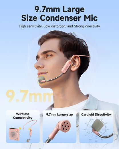 7RYMS WA1 Wireless Voice Amplifier with Headset Microphone for Teachers, Personal Power Amplifier with Noise Canceling, 164ft Range, 23H Working, Microphone Speaker for Teaching, Speech, Yoga(Pink)