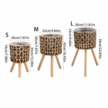 WAGHAVEN Woven Planter Baskets with Plastics Lining and 3 Wooden Legs, Wicker Planter Basket,Boho-Plant Pot with Stand,Plant Baskets Indoor with Liner for Plant, Flowers, Toy, Country Farmhouse