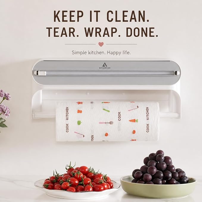 Magnetic Plastic Wrap Dispenser with Cutter, 2-in-1 Kitchen Wrap Organizer for Plastic Wrap, Cling Film & Aluminum Foil, Wall Mount Foil Dispenser (2 in 1)