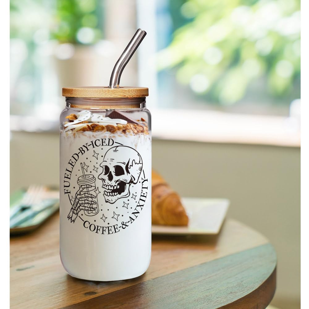 Enanaimg Fueled by Iced Coffee and Anxiety Skull 16 oz Coffee Mug with Lids and Straws, Skeleton Cup, Skull Gifts for Women, Funny Witchy Skeleton Gifts for Women, Friend, Sister, Mom
