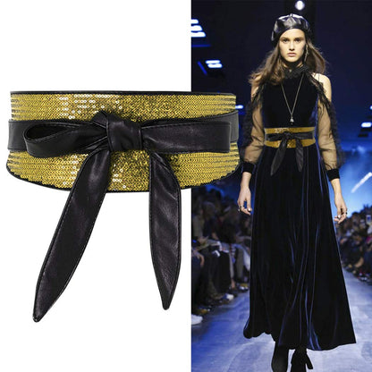 shengweiao Women's Sequin Faux Leather Self Tie Wrap Obi Waist Belt (Gold)