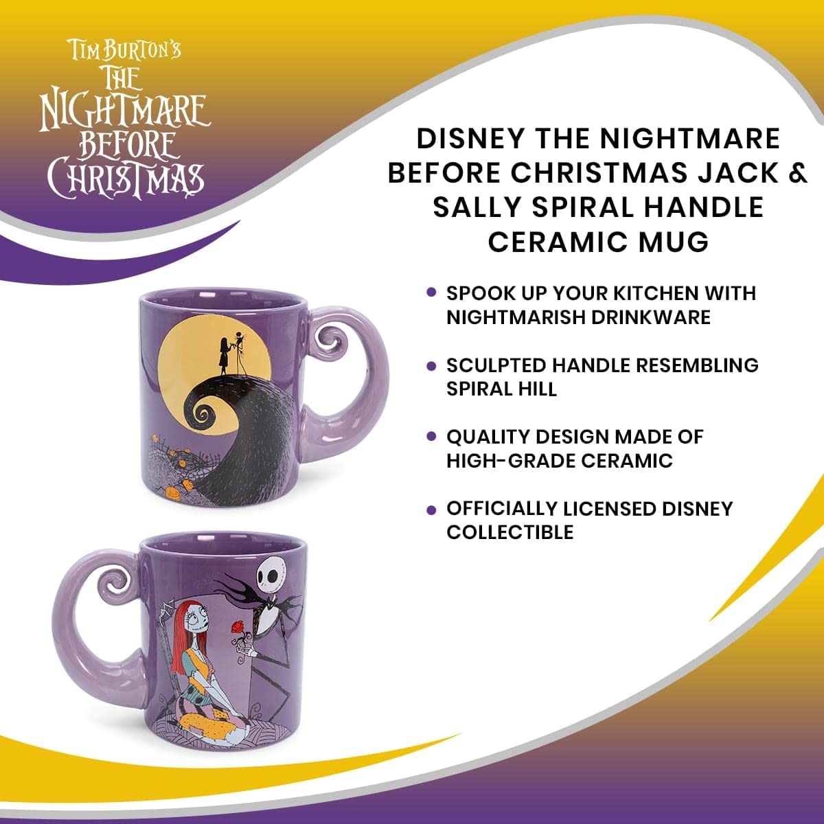Nightmare Before Christmas Disney The Jack & Sally Spiral Handle Ceramic Mug | BPA-Free Large Coffee Cup For Beverages, Home & Kitchen Essentials | Halloween Gifts and Collectibles | Holds 20 Ounces