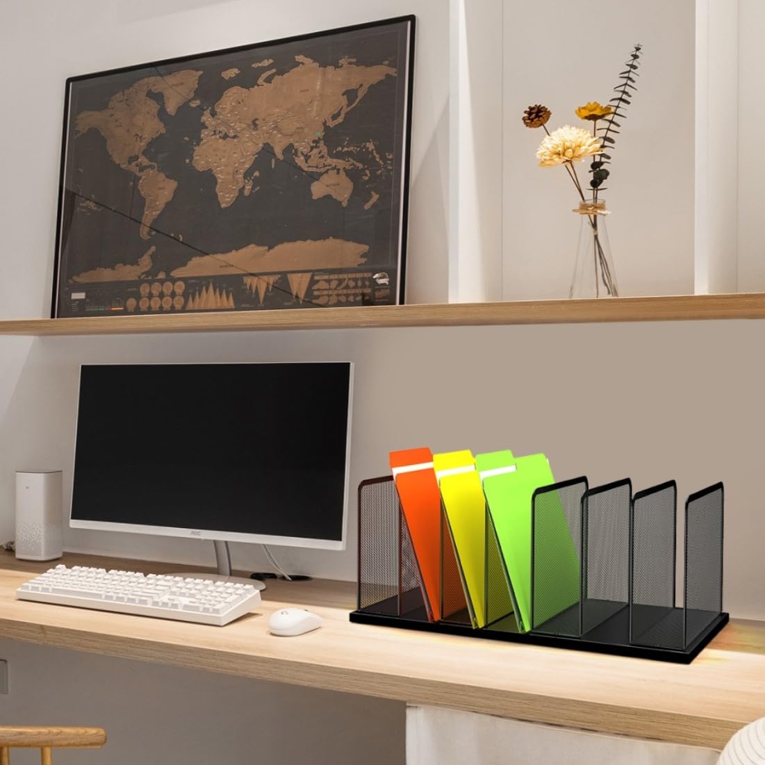 Kuntine.B Desk File Organizer Upright Mesh Desktop Organizer File Sorter Office Organization File Holder for Home, Office & Classroom (Black, 1 Pack 7-Section)