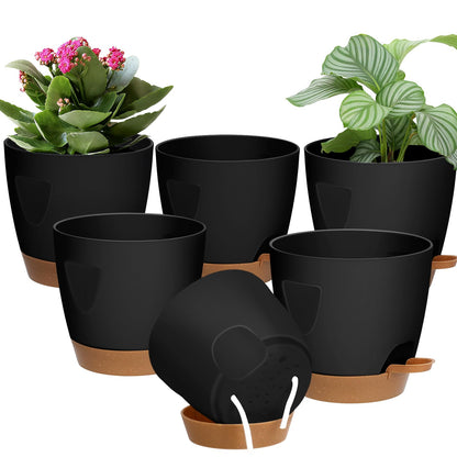 5-Pack Plant Pots with Drainage 7/6.5/6/5.5/5 Inch Self Watering Pots for Indoor Outdoor Plants, Plastic Flower Pots with Drainage Holes and Removable Saucers, Plant Pots with Wicking Rope (Black)