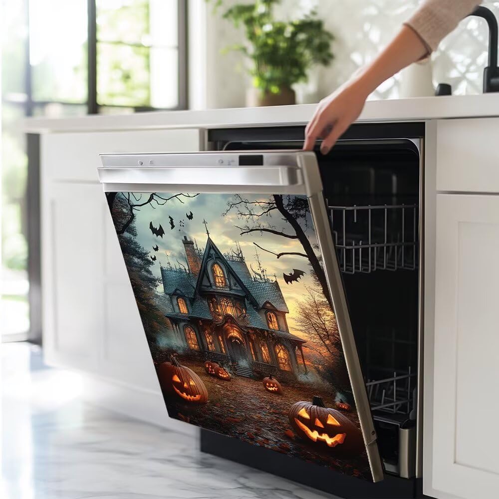 Haunted House Dishwasher Magnet Full Door Cover, Halloween Pumpkin Kitchen Decor Magnetic Dishwasher Cover Vinyl Decal, Happy Halloween Fridge Stickers Front Door Cover, Easy Update, 23Wx26H Inches
