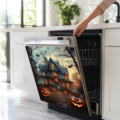 Haunted House Dishwasher Magnet Full Door Cover, Halloween Pumpkin Kitchen Decor Magnetic Dishwasher Cover Vinyl Decal, Happy Halloween Fridge Stickers Front Door Cover, Easy Update, 23Wx26H Inches