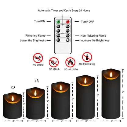 Eebuss Flameless Candles with Remote Timer, Battery Operated Realistic Flickering LED Candles, 9 Packs Fake Candles for Home Decor (D3 x H 3" 4" 5" 6" 7") (Black)