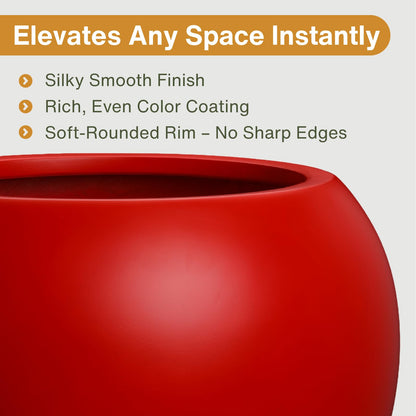 KUTE NEST 9.7"H x 12"D Premium Red Fiberstone Round Planter with Drainage Hole, Chinese & Lunar New Year Home Decor Pot, Smooth Finish, Weather Resistant Indoor & Outdoor, 2 Coco Mats (7.8" Opening)