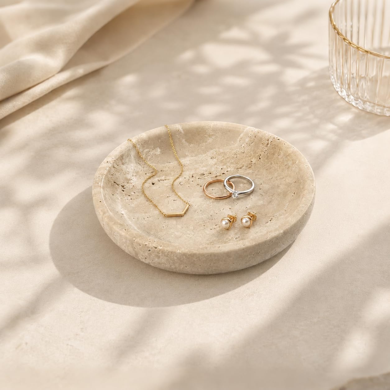 Small Natural Marble Jewelry Tray Key Plate Holder Dish Trinket Decor Catch All Bowl for Ring Earring Stone Gift for Women Daugther,Beige Travertine，5.5"