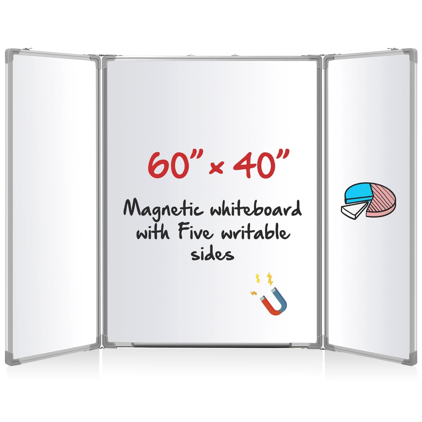 AmazingSpark 60” x 40” Foldable Whiteboard Dry Erase Board Large Tri Folding Whiteboard Magnetic Dry Erase Board, Wall Aluminium Frame and Flip Out Pen Tray for Office, Home