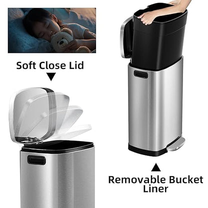 KdbK 13 Gallon Trash Can with Lid, 50L Fingerprint Proof Stainless Steel Kitchen Trash Can with Removable Inner Bucket and Lid Soft Close, Pedal Rubbish Bin for Home Office