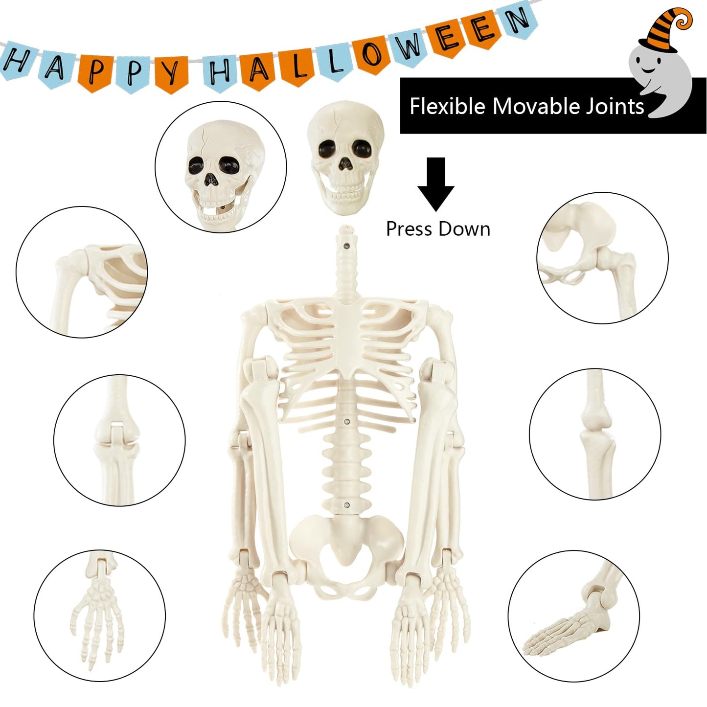 JIALWEN 36" Halloween Posable Skeleton Decorations, 3FT Realistic Plastic Human Full Body Bones with Movable Joints Skeleton for Haunted House Graveyard Props Indoor Outdoor Halloween Party Supplies