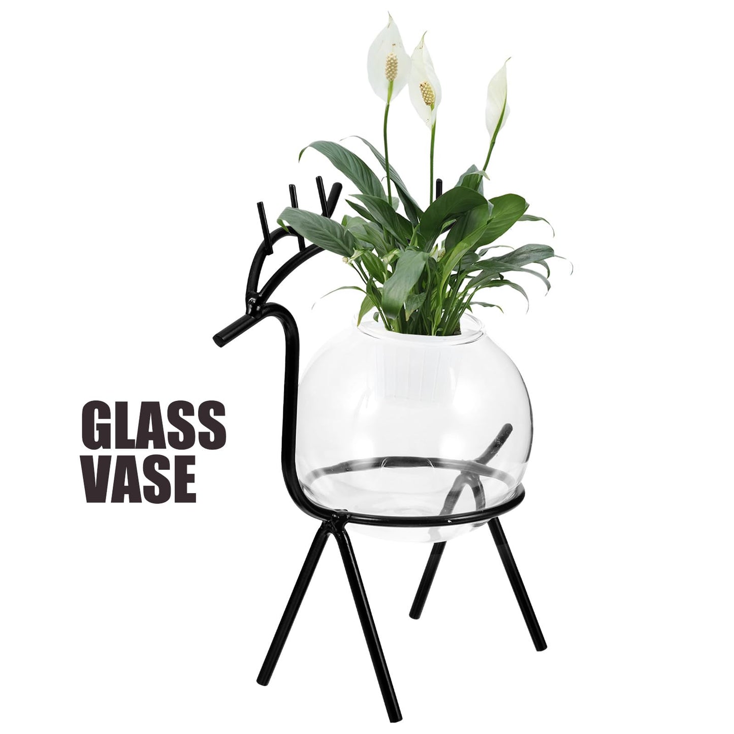 Homoyoyo Hydroponic Flower Vase with Metal Stand, Compact Dark Deer Desktop Glass Planter, Modern Terrarium Vase for Home Office Green Plant Decoration