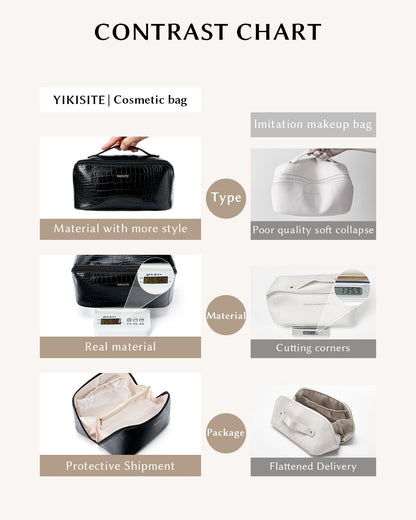 Yikisite Make Up Bag, Cosmetic Organizer for Women, Waterproof Croc PU Leather Makeup Organizer with Divider and Handle Toiletry Bag Travel Bag (Croc Embossed, Black)