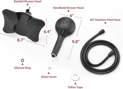 GRICH 1.8GPM Shower Head with Handheld Spray Combo: 2 in 1 Rainfall Shower Heads high pressure & Handheld Shower Head, 9 Spray Modes/Settings Detachable Shower Head with 60 Inch Hose, Black