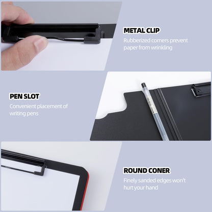 FRETONBA Clipboard Folder, 2 Pcs A4 Foldable Clipboard with Horizontal and Vertical Double Metal Clips, 360 Degree Foldable Binder Clipboards with Pen Holder, File Cover Work Folder Clipboards, Red