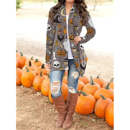 Women's Halloween Pumpkin Cat Print Knitting Cardigan Long Sleeve Open Front Knitted Sweater Outwear Coat Tops (Light Gray, Large)