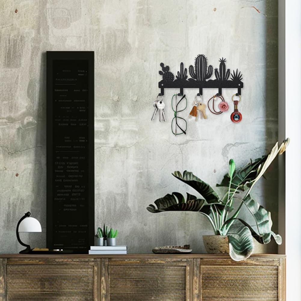 MAYJOYDIY Desert Cactus Key Holder Wall Mount Black Metal Hook Coat Hanger
