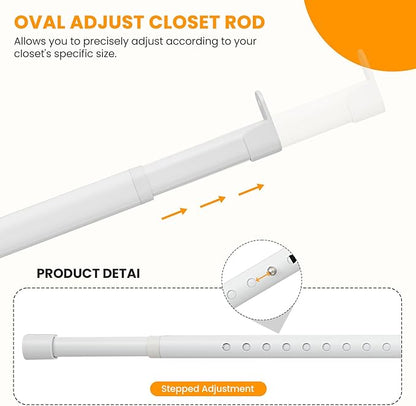 Oval Closet Rod for Hanging Clothes 18 to 52 Inch Adjustable with Snap Fasteners Heavy Duty 1 inch Diameter With End Supports White Poles Bar Closet Rod Expandable for Wardrobes