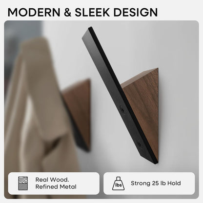 Wall Coat Hook Rack - Set of 3 - Black Walnut Wood Black Metal Decorative Hat Hooks for Hanging Coats - Hat Hangers for Wall