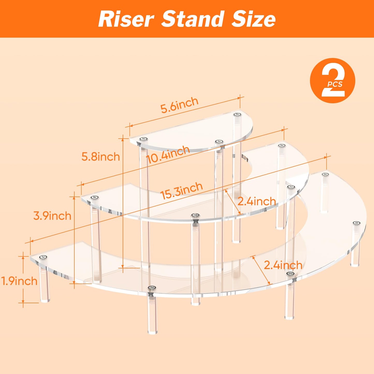 Dooiclear 3 Tier Acrylic Display Risers 2 Pack, Half Moon Cupcake Stand, Clear Perfume Organizer, Dessert Stand for Display, Clear Display Stand for Food, Cupcake, Perfume, Collections