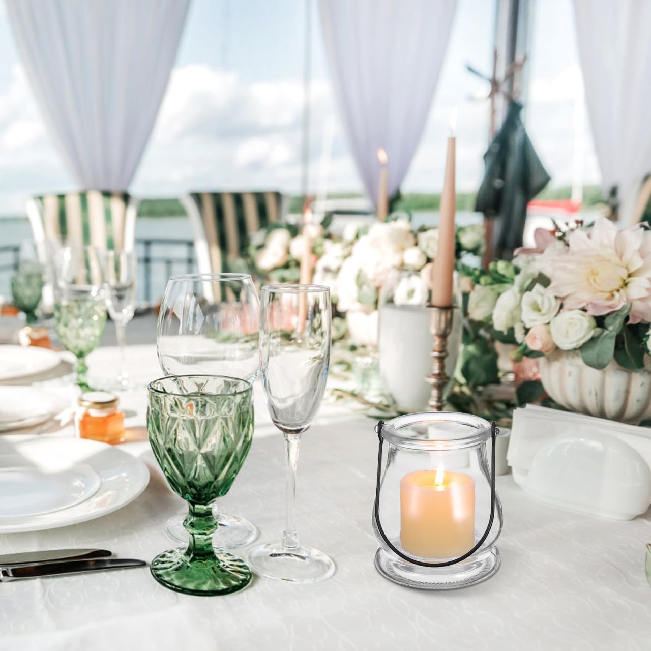 Cabilock 12Pcs Hanging Candle Holders Glass Votive Holders with Handles Multipurpose Indoor Outdoor Candle Stands for Home Decor Party Wedding Banquet
