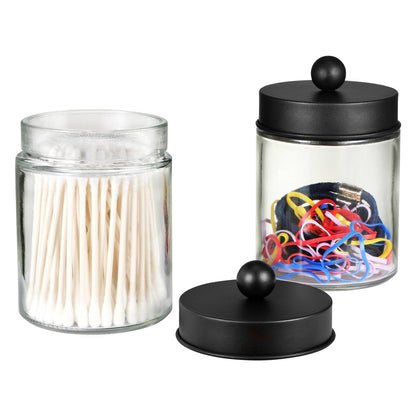 SheeChung 2-Pack Qtip Holder Dispenser - Glass Apothecary Jars with Rust-Proof Stainless Steel Lids - Modern Farmhouse Bathroom Vanity Organizer for Cotton Swabs, Balls, Pads(Black)