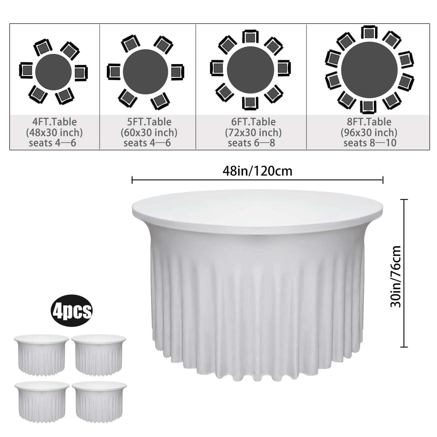Yoquare 4 Pack White Round Table Skirt, 48 Inch Diameter x 30 Inch Height, Stretch Polyester Spandex Tablecloth for 4ft Round Tables, Stain & Wrinkle Resistant for Wedding, Party, Banquet Decor