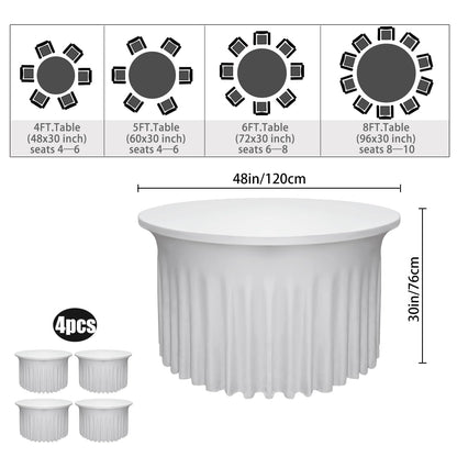 Yoquare 4 Pack White Round Table Skirt, 48 Inch Diameter x 30 Inch Height, Stretch Polyester Spandex Tablecloth for 4ft Round Tables, Stain & Wrinkle Resistant for Wedding, Party, Banquet Decor