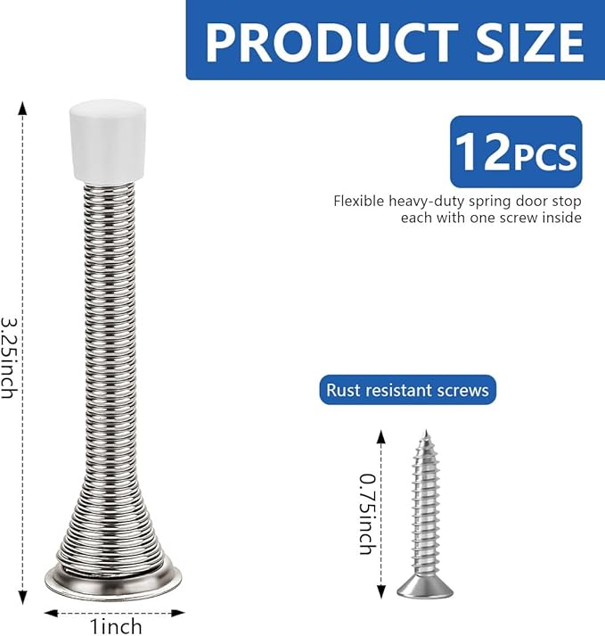 KISEER 12 Pack Spring Door Stops 3 1/4 Inch Flexible Heavy Duty Spring Door Stopper with RustProof Screw Rubber Bumper Tips (Satin Nickel)