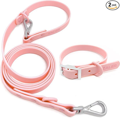 ZALER Dog Collar and Leash Set, Waterproof Adjustable Odor Proof Pet Collars Leashes Easy to Clean, 6FT Dog Leash with 2 Hooks for Large, Medium Small Dogs (M, Pink)