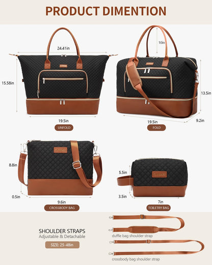 CLOKARS Weekender Bags for Women, Travel Duffle Bag Carry On Overnight Bag with Cosmetics Bag and Crossbody Purse for Gym Hospital, Gifts for Women, Black Brown