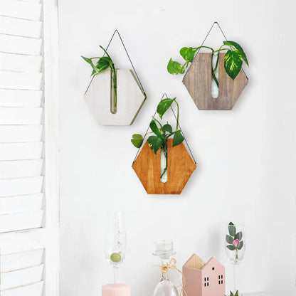 POTRUWE Wooden Wall Hanging Planter Flower Tube Vase, Wall Propagation Planters Glass Plant Terrarium Cylinder Buds Vase Flower Pots Wall Decor for Living Room (Brown)
