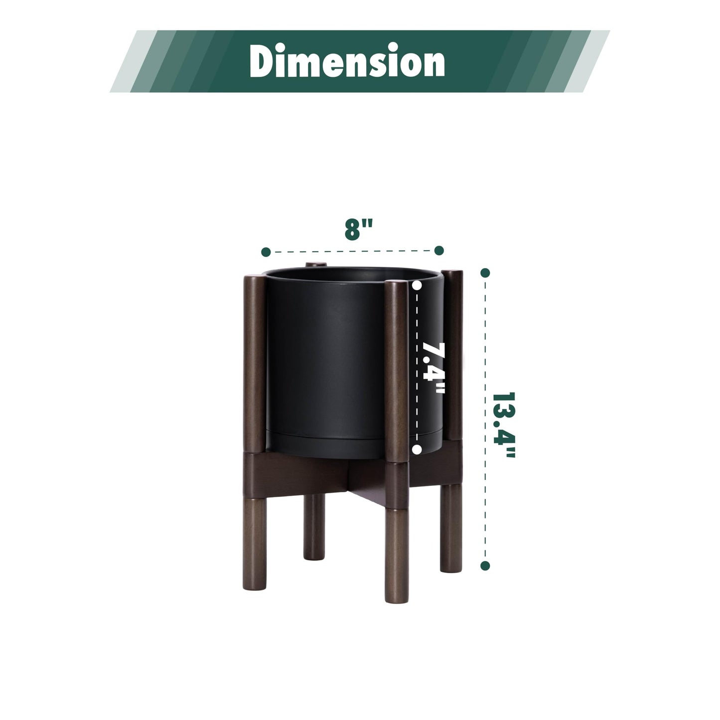 D'vine Dev Planter Pot with Stand - 8 Inch Plastic Cylinder Flower Pot with Wood Planter Holder for Indoor, Matte Black Pot + Walnut Color Stand, 55-C-I-2
