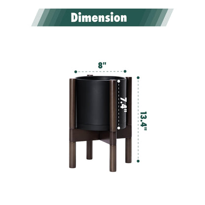 D'vine Dev Planter Pot with Stand - 8 Inch Plastic Cylinder Flower Pot with Wood Planter Holder for Indoor, Matte Black Pot + Walnut Color Stand, 55-C-I-2