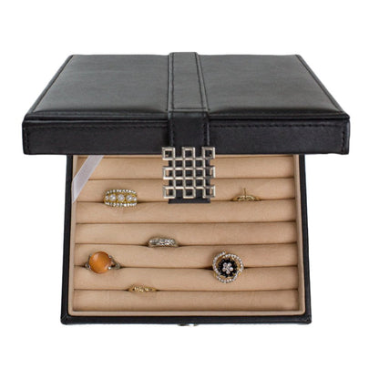 Glenor Co Ring Box Organizer - 54 Slot Classic Jewelry Display Case Holder - Storage Tray with Modern Buckle Closure, Large Mirror - for Rings and Cufflinks - Small for Travel - PU leather - Black