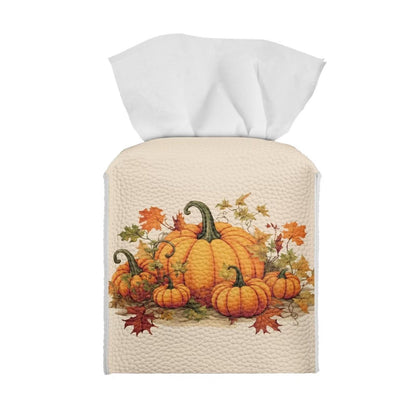 NETILGEN Tissue Box Cover Decorative Holder PU Leather Square Tissue Case Dispenser for End Table, Office Desk, Nightstand, Home Autumn Decoration, Pumpkin Fallen Leaf
