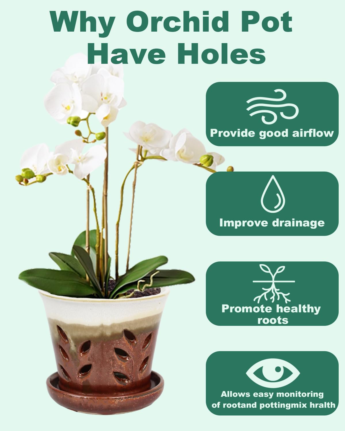 vensovo 5.5 Inch Ceramic Orchid Pot - Orchid Pot with Holes for Repotting, Ceramic Planter with Saucer for Indoor/Outdoor Plants, Brown