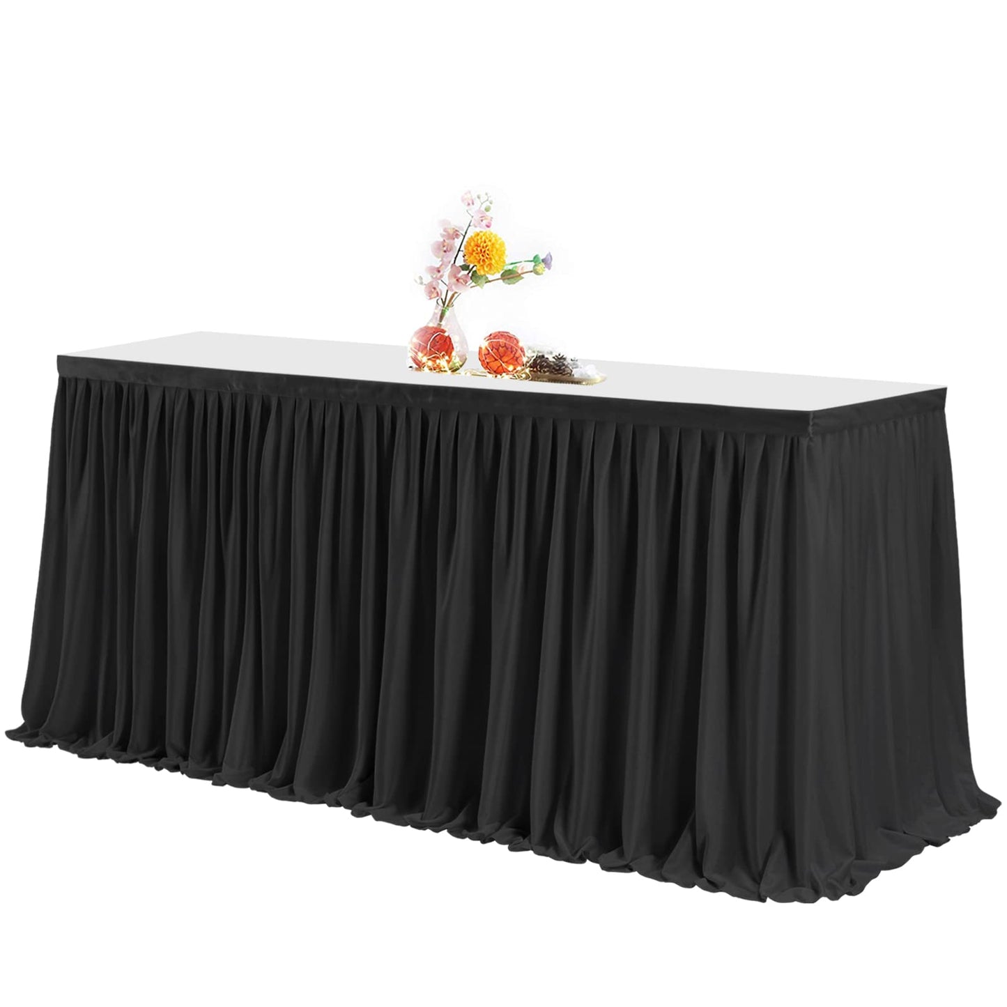 PARTISKY White Polyester Table Skirt for Rectangle Tables 14ft, Wrinkle Resistant Pleated Ruffle Table Cloth for Birthday Party Banquet Wedding Baby Shower