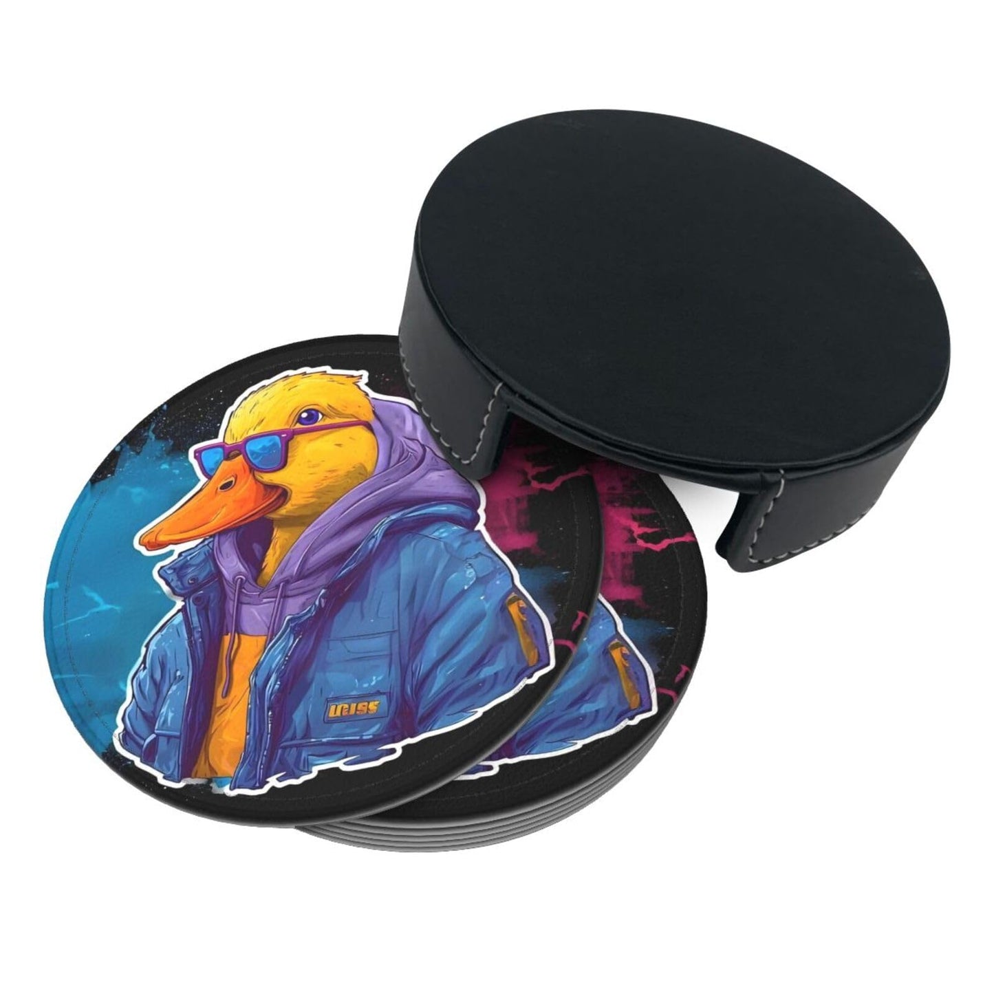 BOXIMIAO Drink Coasters with Holder Stand Set of 6, Cute Cyberpunk Duck Pu Leather Absorbent Coasters with Cork Base Table Coaster Round Coasters for Housewarming Apartment Kitchen Bar Decor
