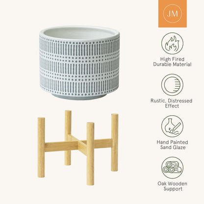 LA JOLIE MUSE Ceramic Plant Pot with Wood Stand - 7.3 Inch Modern Round Decorative Flower Pot Indoor with Wood Planter Holder, Slate Blue and White
