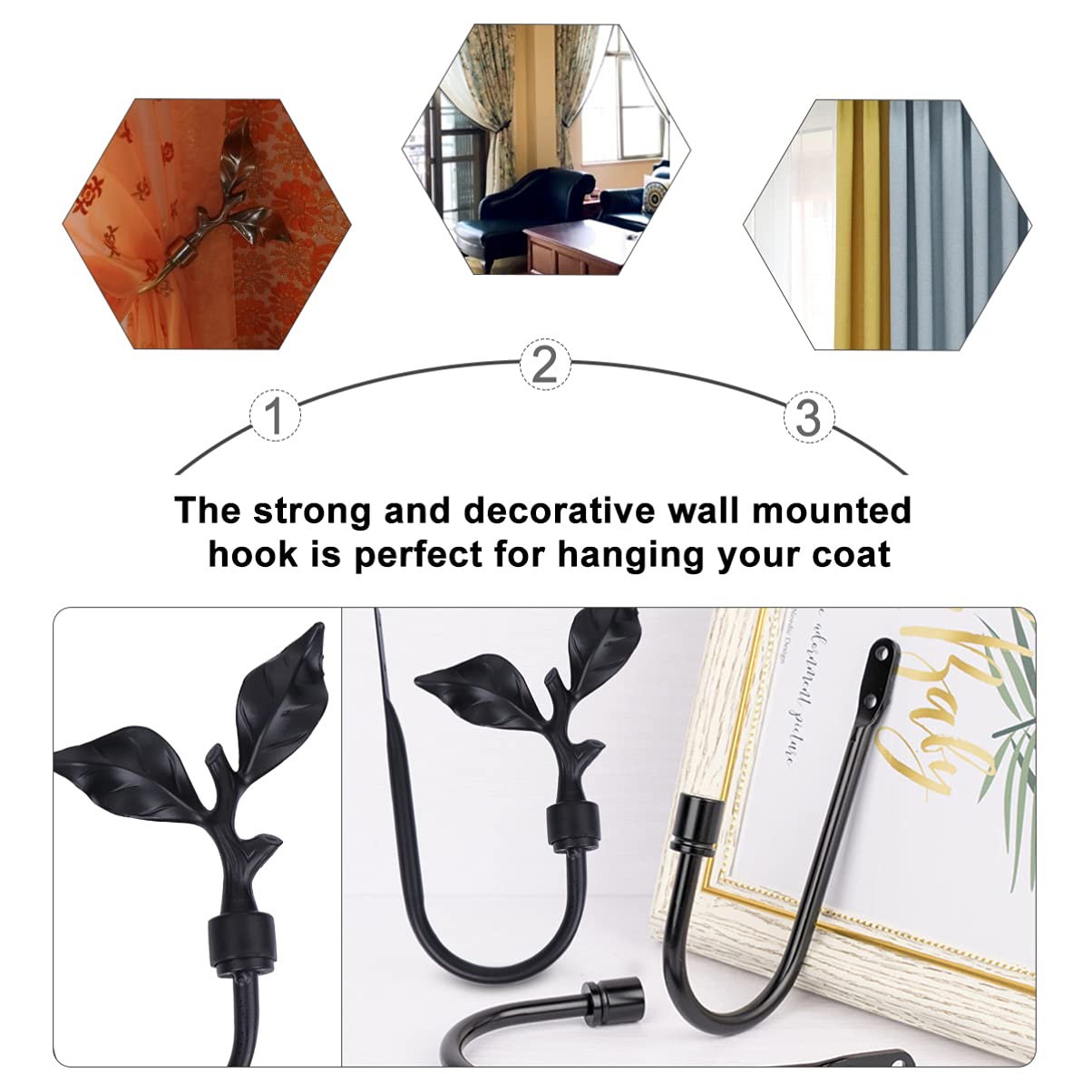 Curtain Holdbacks Curtain Wall Hooks Wall Mounted Curtain Drapery Tiebacks Heavy Duty Vintage Leaves Curtain Holdbacks for Home Office Bedroom Kitchen Black Brass